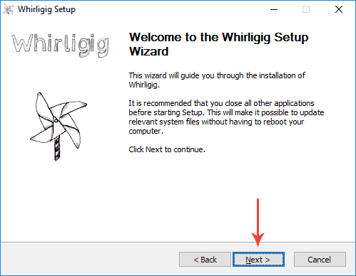 Click next in the Whirligig installer
