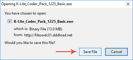 Save the K-Lite codec pack to your computer