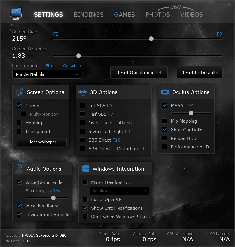 Virtual Desktop settings panel